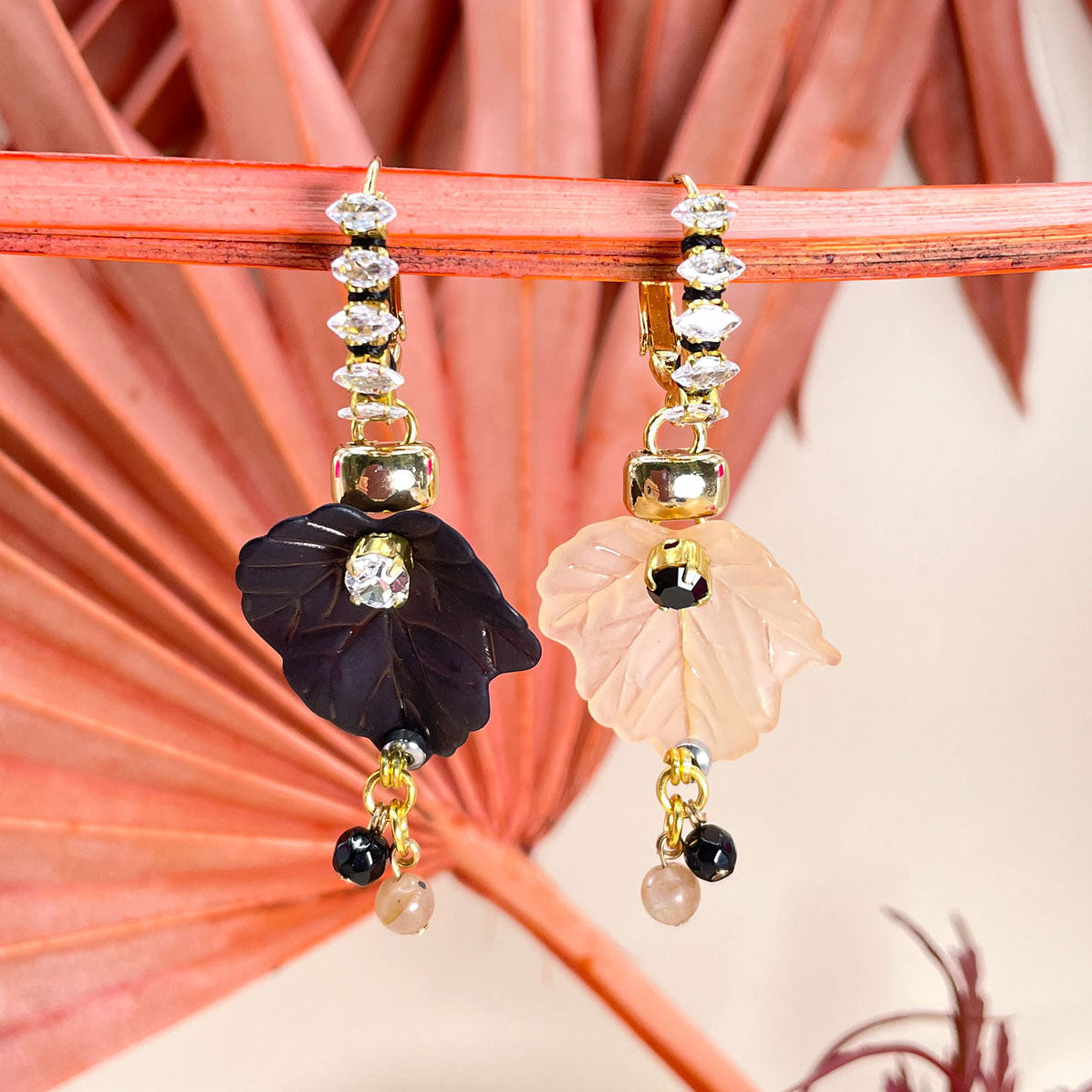 Elanor Black and Pink Leaves Earrings with Zircons