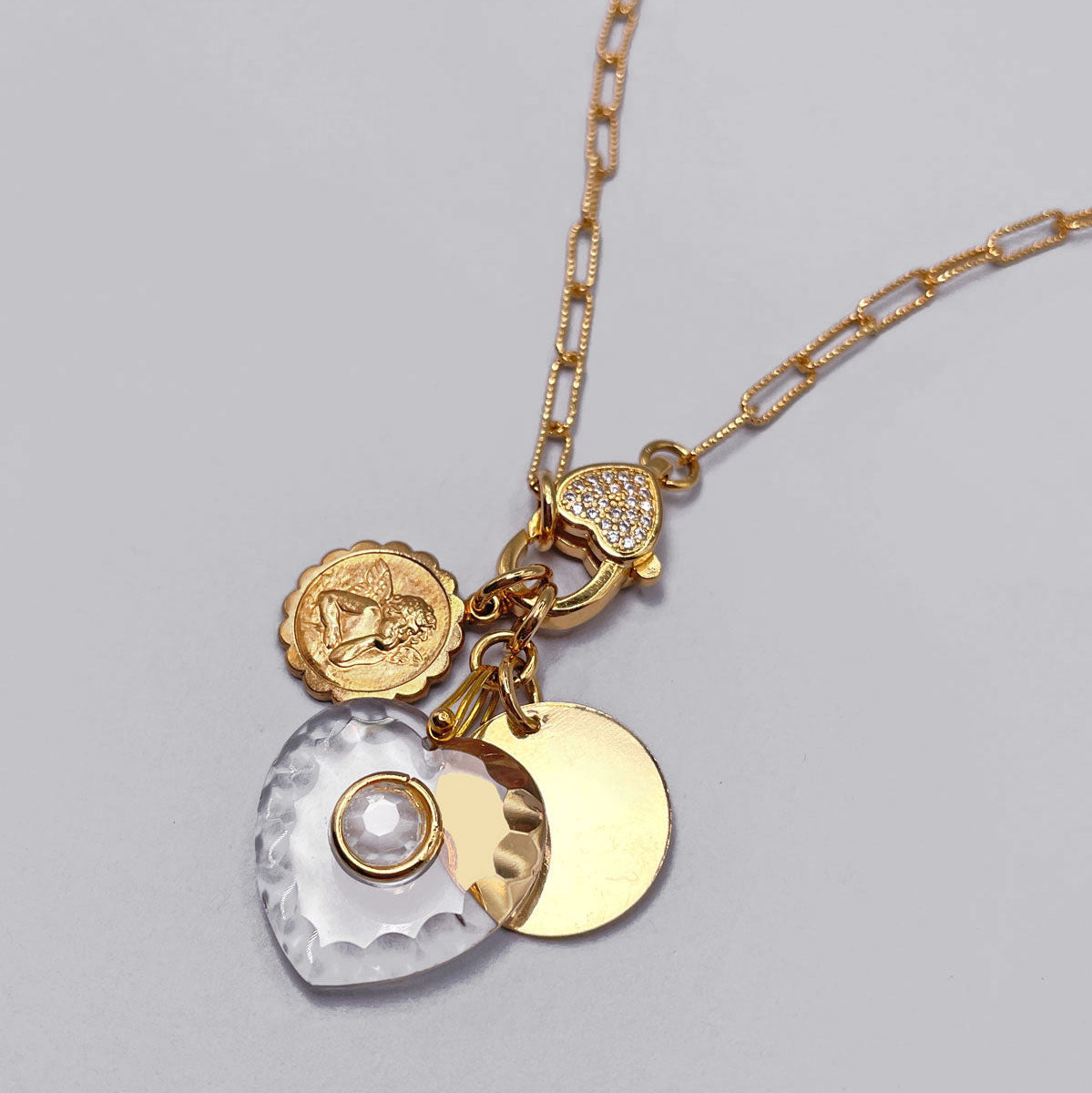 Necklace with Glass Heart Pendant and Vintage Coin