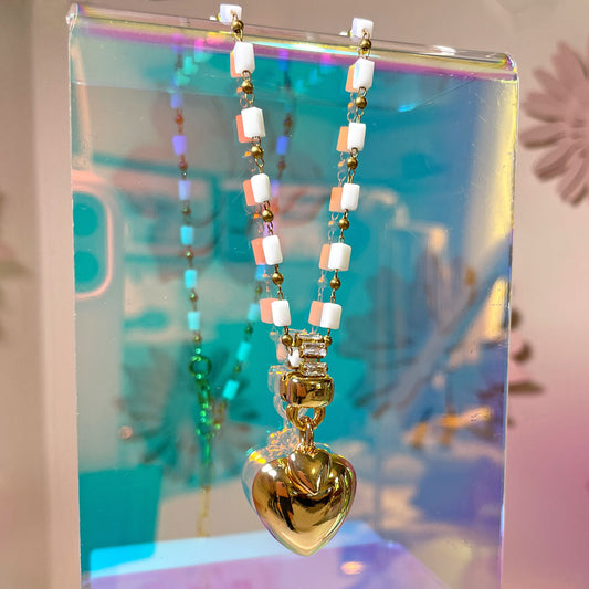 Necklace with Heart Pendants and Glass Chain