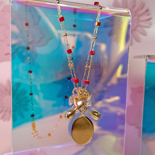 Collana con Pendenti e Catena in Vetro Rossa