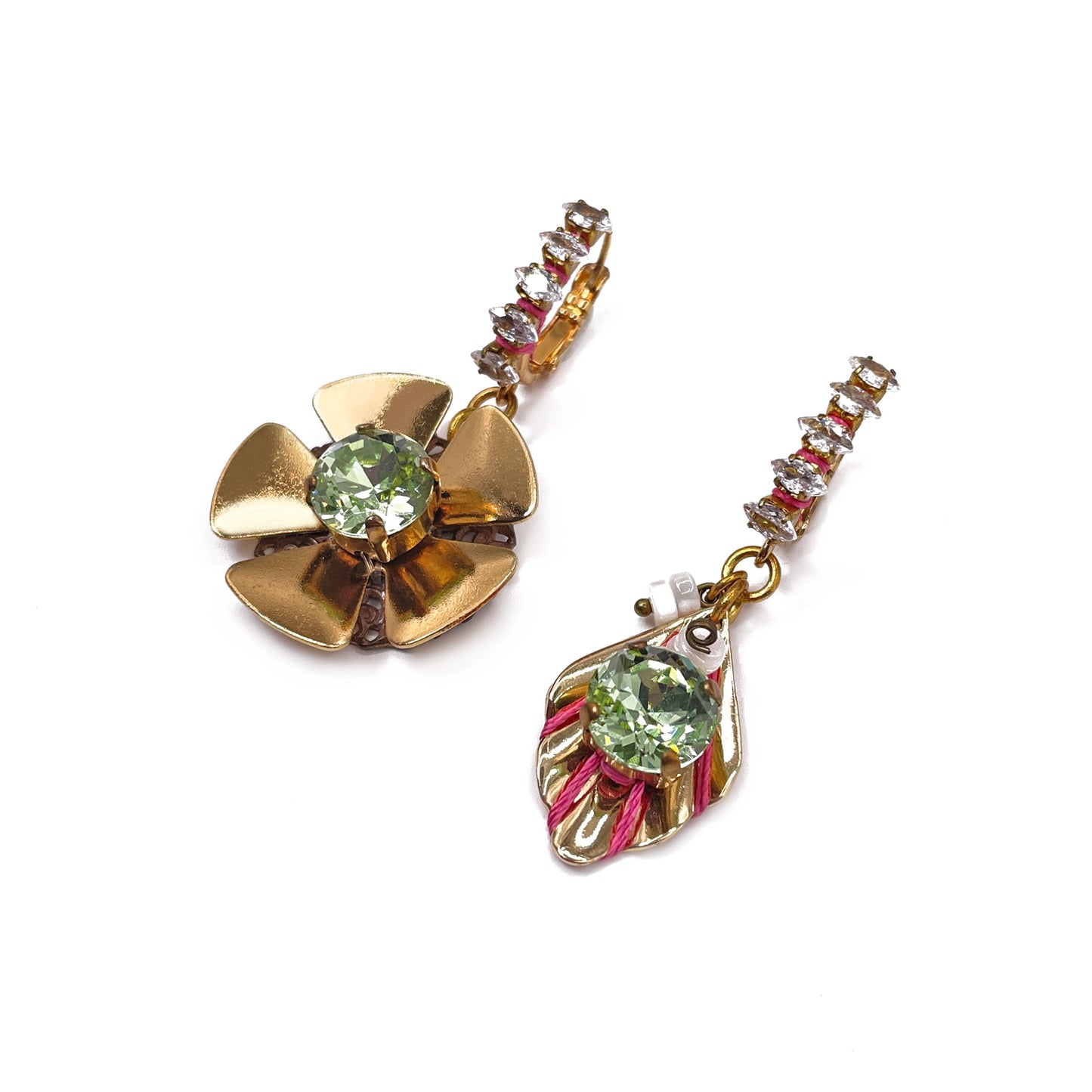 Hibiscus Mint Earrings with Flower and Leaf Pendant