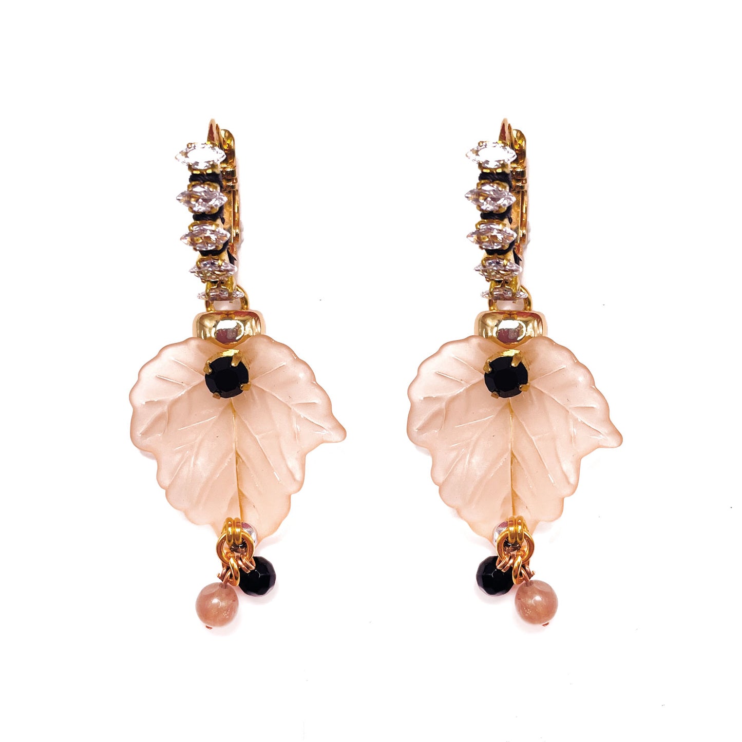 Elanor Black and Pink Leaves Earrings with Zircons