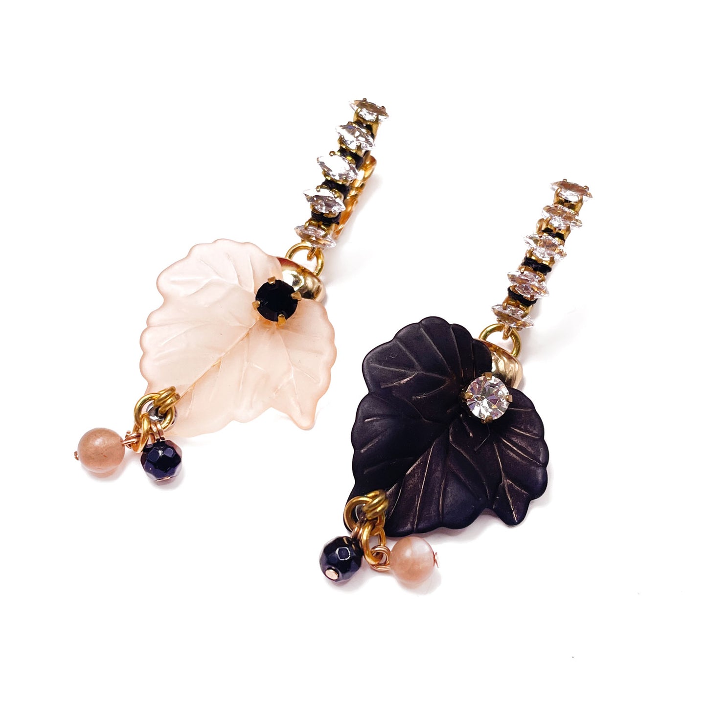 Elanor Black and Pink Leaves Earrings with Zircons