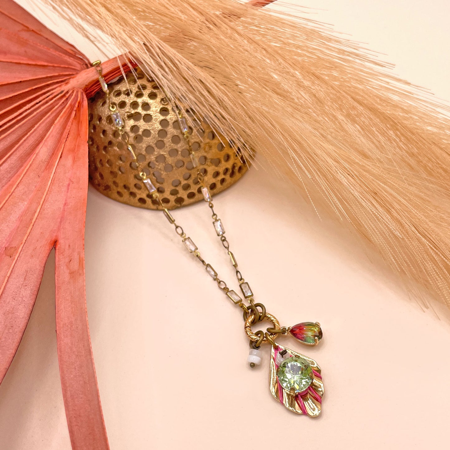 Hibiscus Necklace with Charms and Mint Crystal