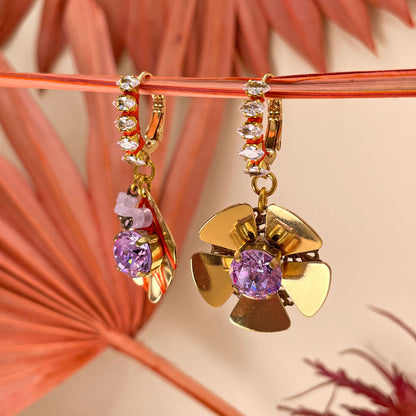 Hibiscus Lilac Earrings with Flower and Leaf Pendant