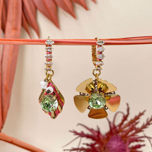 Hibiscus Mint Earrings with Flower and Leaf Pendant