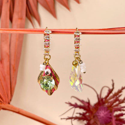 Hibiscus Mint Earrings with Leaf and Crystal Pendant