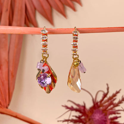 Hibiscus Lilac Earrings with Leaf and Crystal Pendant