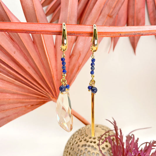 Miriel Long Blue Earrings with Crystal