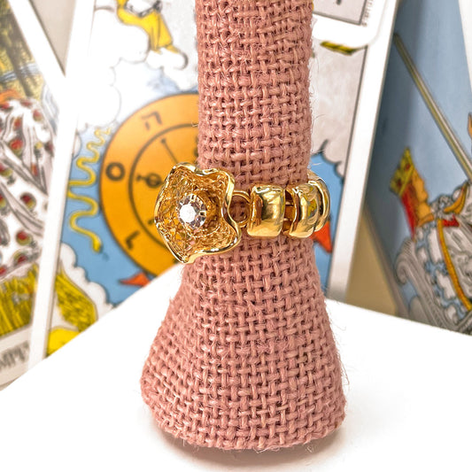 Gold Band Ring with Flower and Faceted Crystal