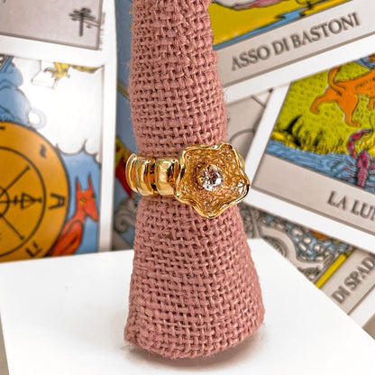 Gold Band Ring with Flower and Faceted Crystal