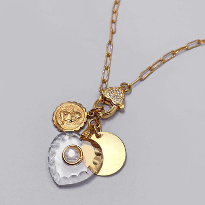 Necklace with Glass Heart Pendant and Vintage Coin