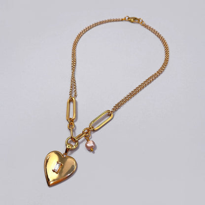 Collana con Cuore Pendente e Perla Rosa