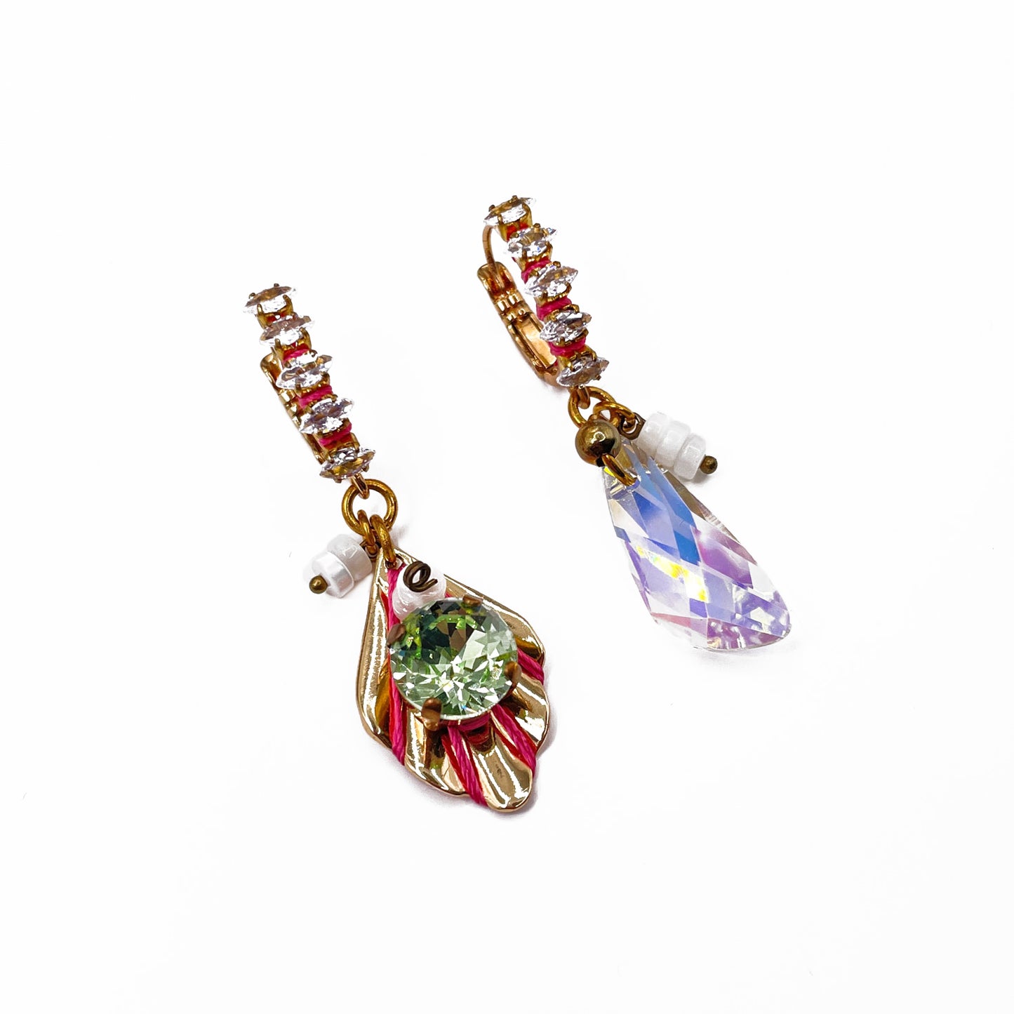 Hibiscus Mint Earrings with Leaf and Crystal Pendant