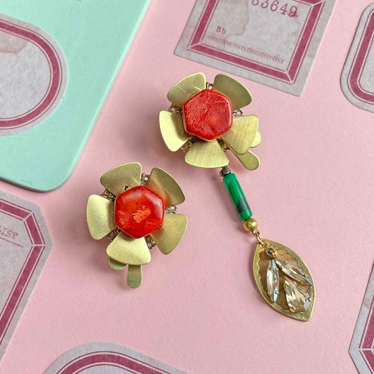 Poppy Asymmetrical Earrings with Flowers