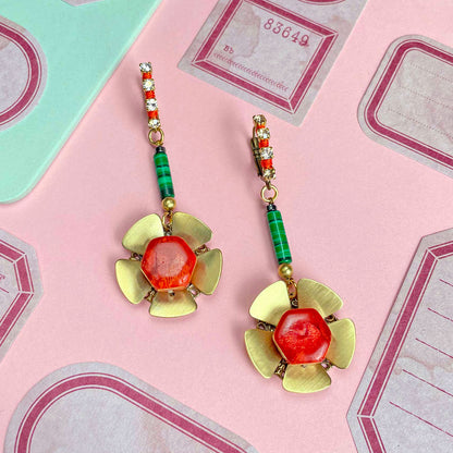 Poppy Pendant Earrings with Madrepora and Crystals